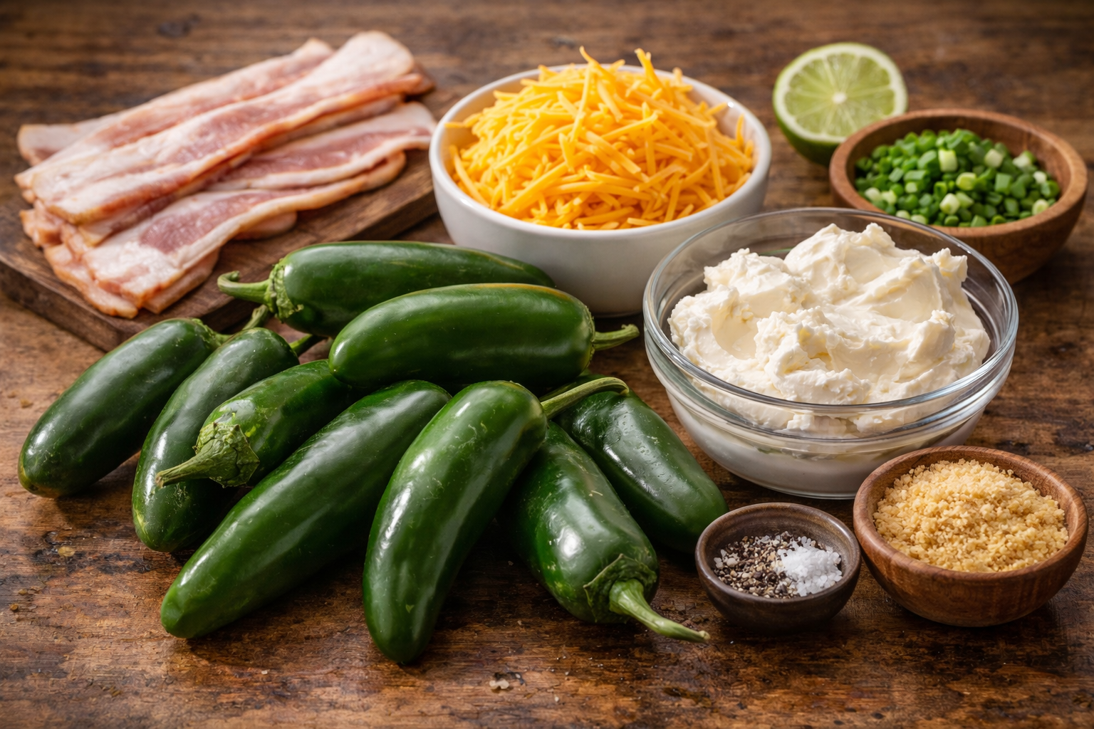 Fresh jalapeños, cream cheese, shredded cheese, bacon, and seasonings for air fryer jalapeño poppers