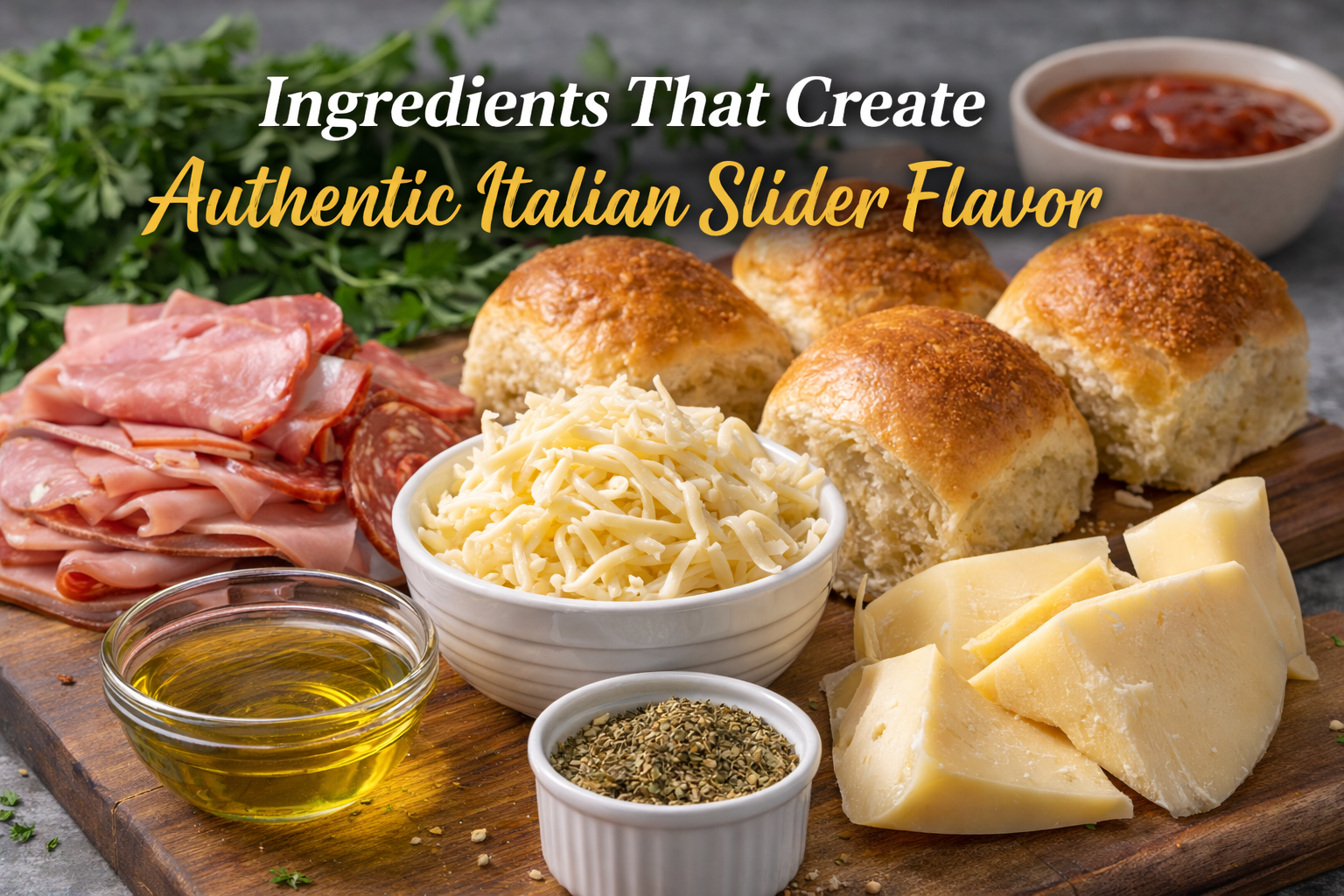 Ingredients for Italian sliders including ham, provolone cheese, rolls, olive oil, and Italian herbs