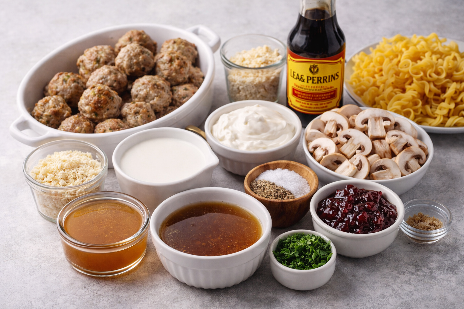 Essential ingredients for making rich and creamy Swedish meatballs including meatballs, cream, broth, and seasonings