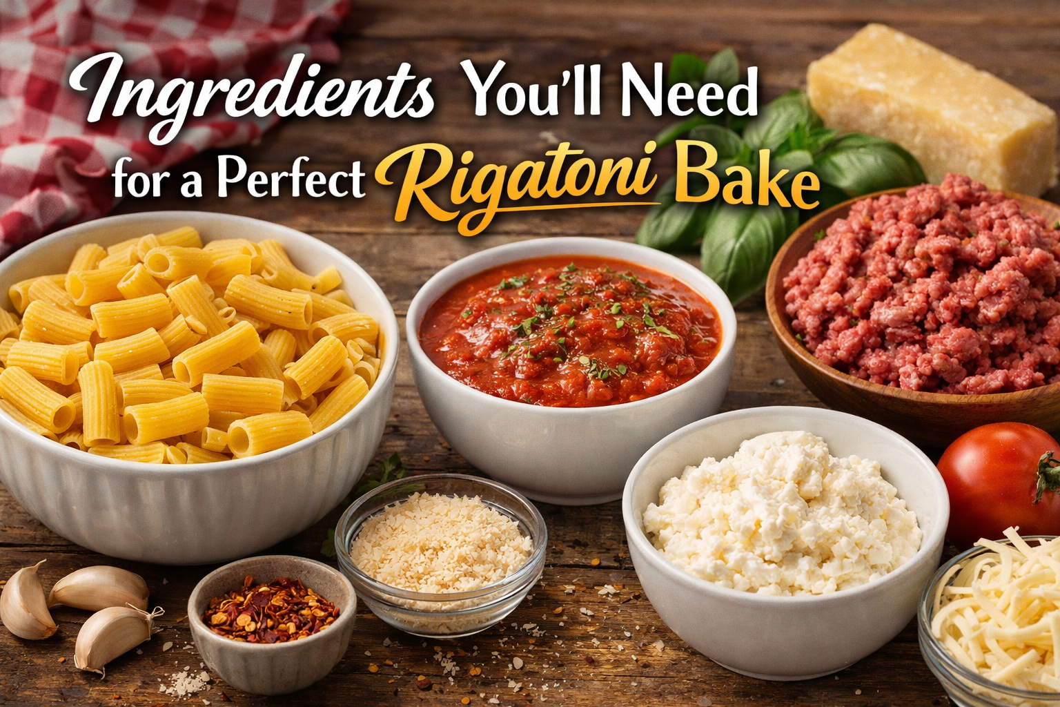 Raw rigatoni pasta, marinara sauce, ricotta, mozzarella, ground beef, parmesan, garlic, and fresh basil arranged on a wooden table.