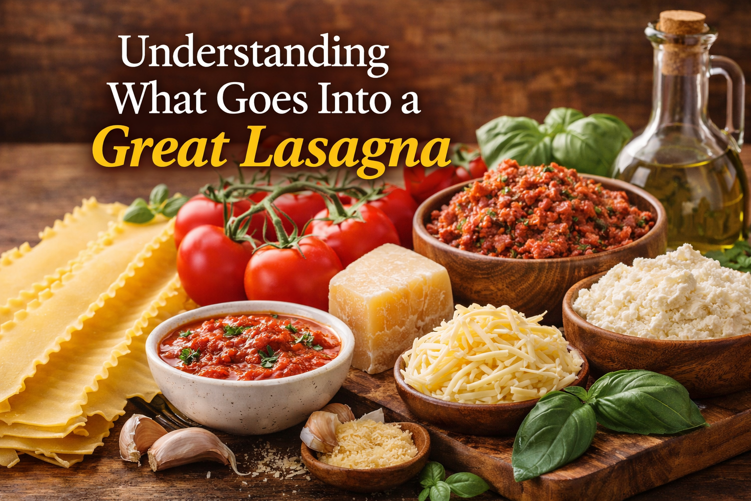 Lasagna ingredients including noodles, meat sauce, ricotta, mozzarella, tomatoes, and herbs arranged on a table