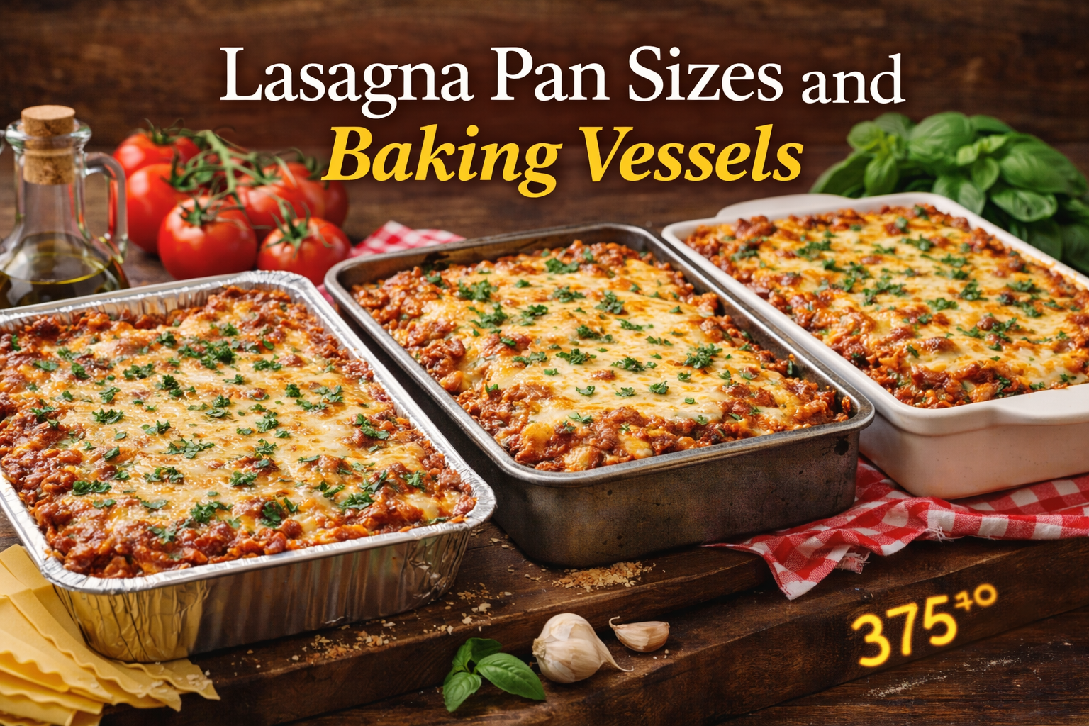 Lasagna baked in foil, metal, and ceramic pans showing different pan sizes