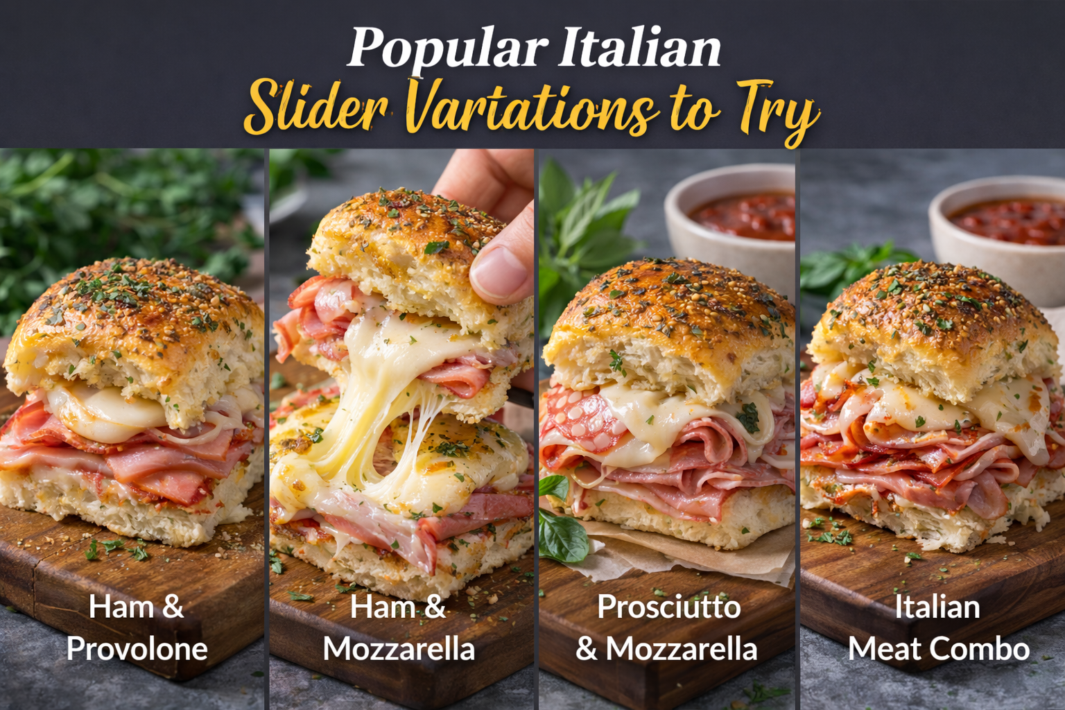 Popular Italian slider variations including ham and provolone, ham and mozzarella, and Italian meat sliders