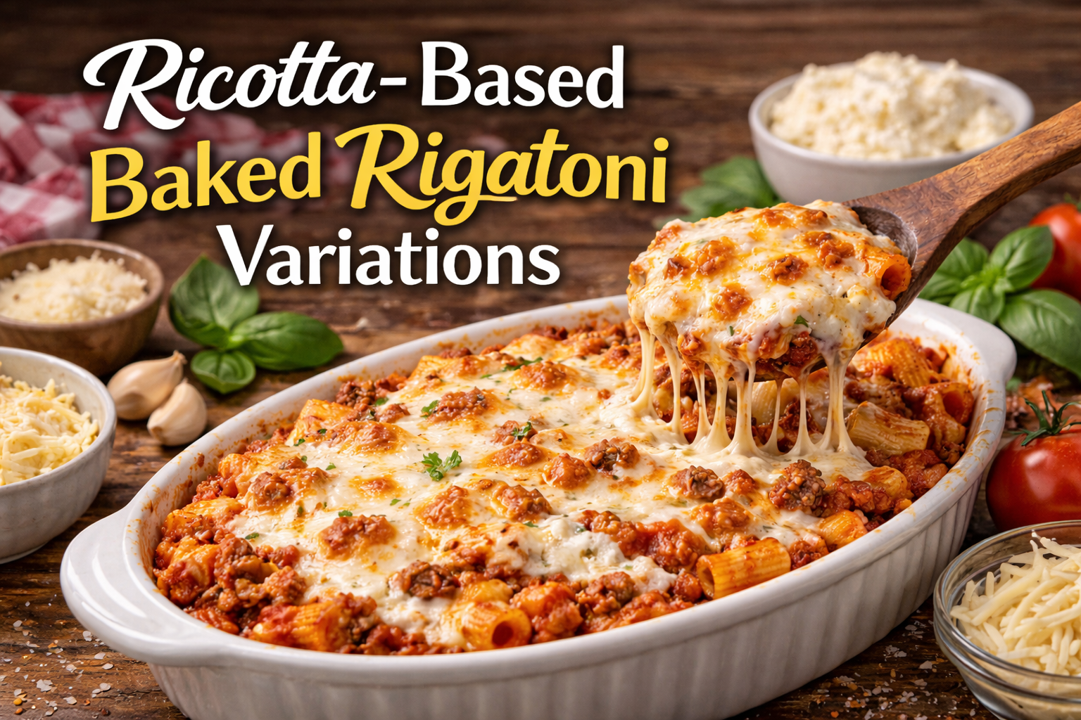 Baked rigatoni layered with ricotta and mozzarella cheese, served in a white casserole dish.