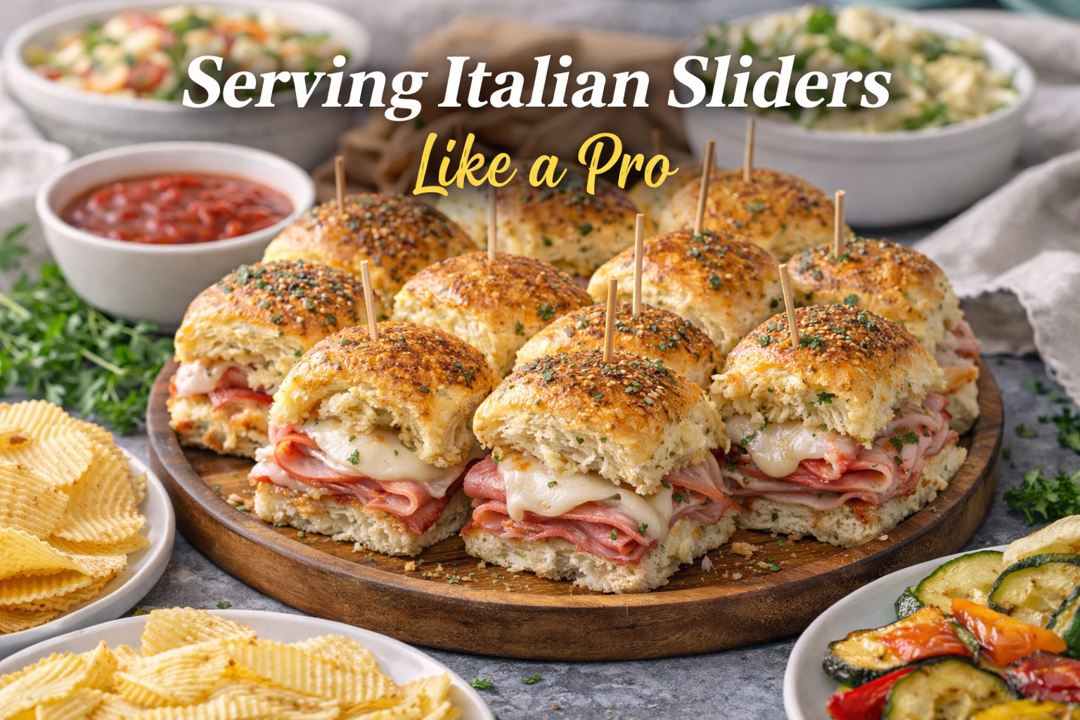 Italian sliders served on a platter with toothpicks, dipping sauces, and party side dishes
