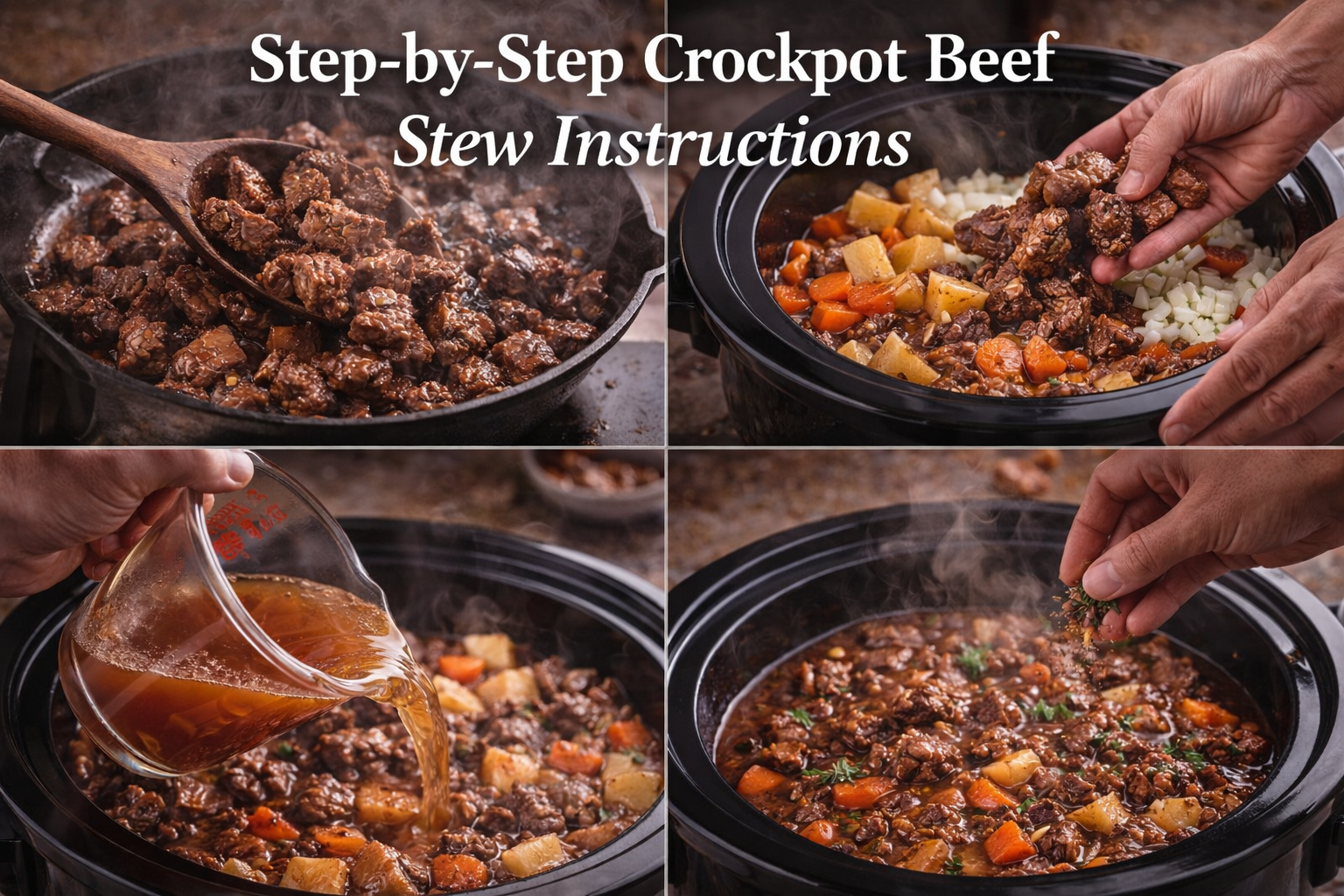 Step by step crockpot beef stew instructions showing browning beef, adding vegetables, and slow cooking