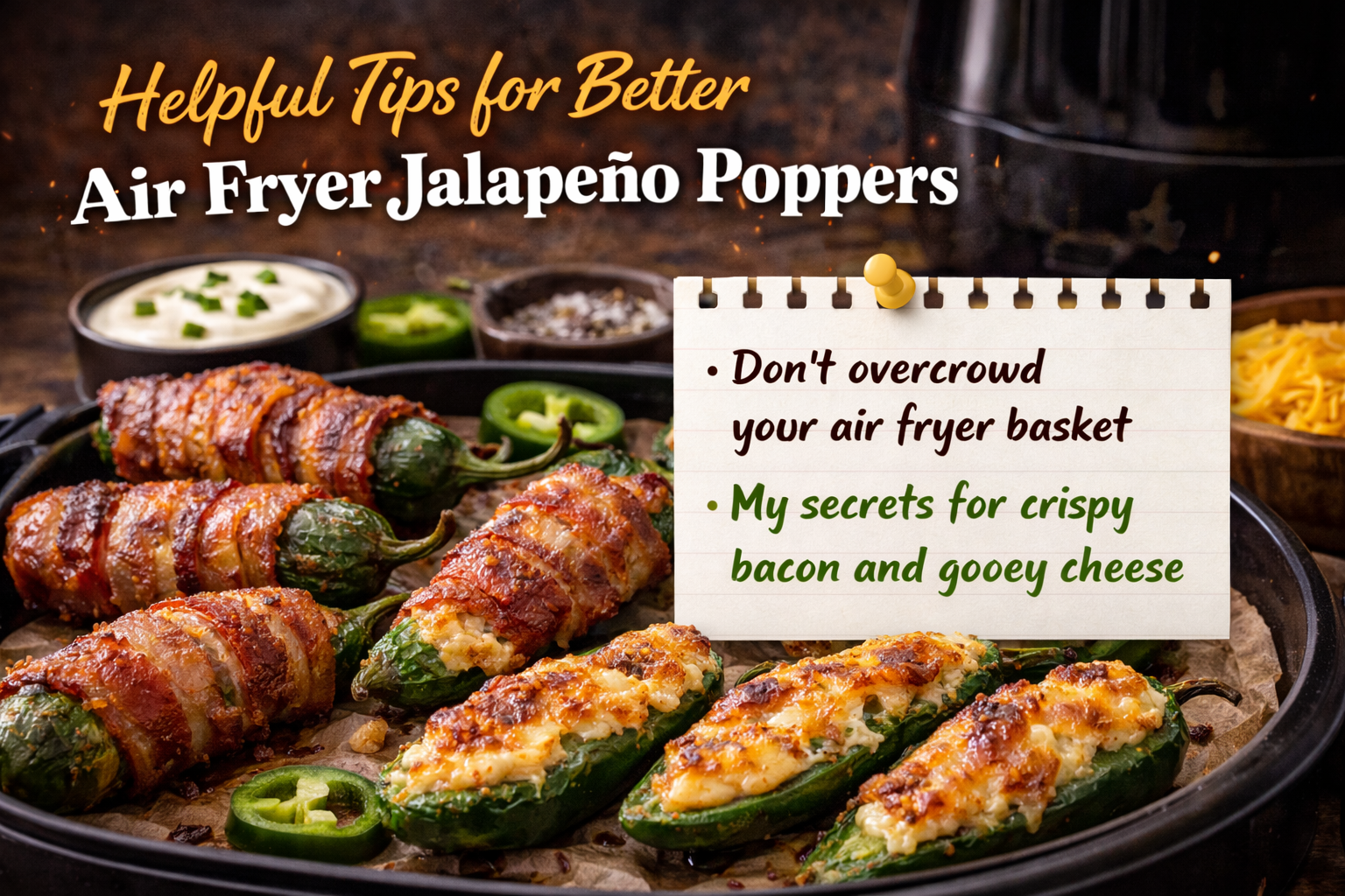 Air fryer jalapeño poppers with crispy bacon and cheesy filling showing cooking tips