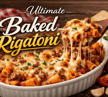 Cheesy baked rigatoni in a white casserole dish with melted mozzarella and meat sauce, served fresh from the oven.