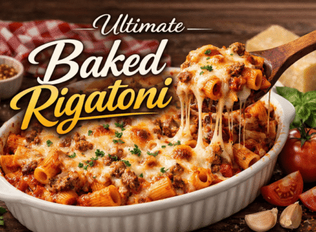 Cheesy baked rigatoni in a white casserole dish with melted mozzarella and meat sauce, served fresh from the oven.
