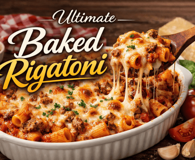 Cheesy baked rigatoni in a white casserole dish with melted mozzarella and meat sauce, served fresh from the oven.