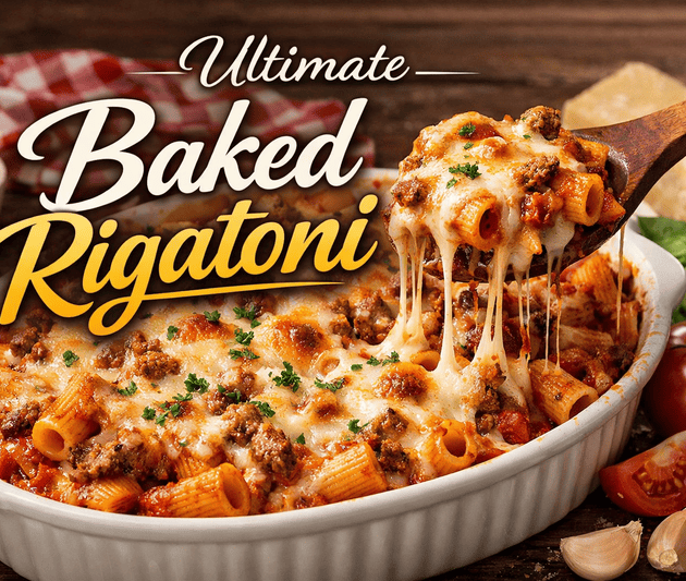 Cheesy baked rigatoni in a white casserole dish with melted mozzarella and meat sauce, served fresh from the oven.