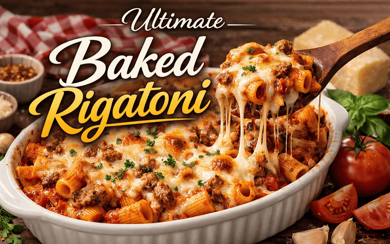 Cheesy baked rigatoni in a white casserole dish with melted mozzarella and meat sauce, served fresh from the oven.